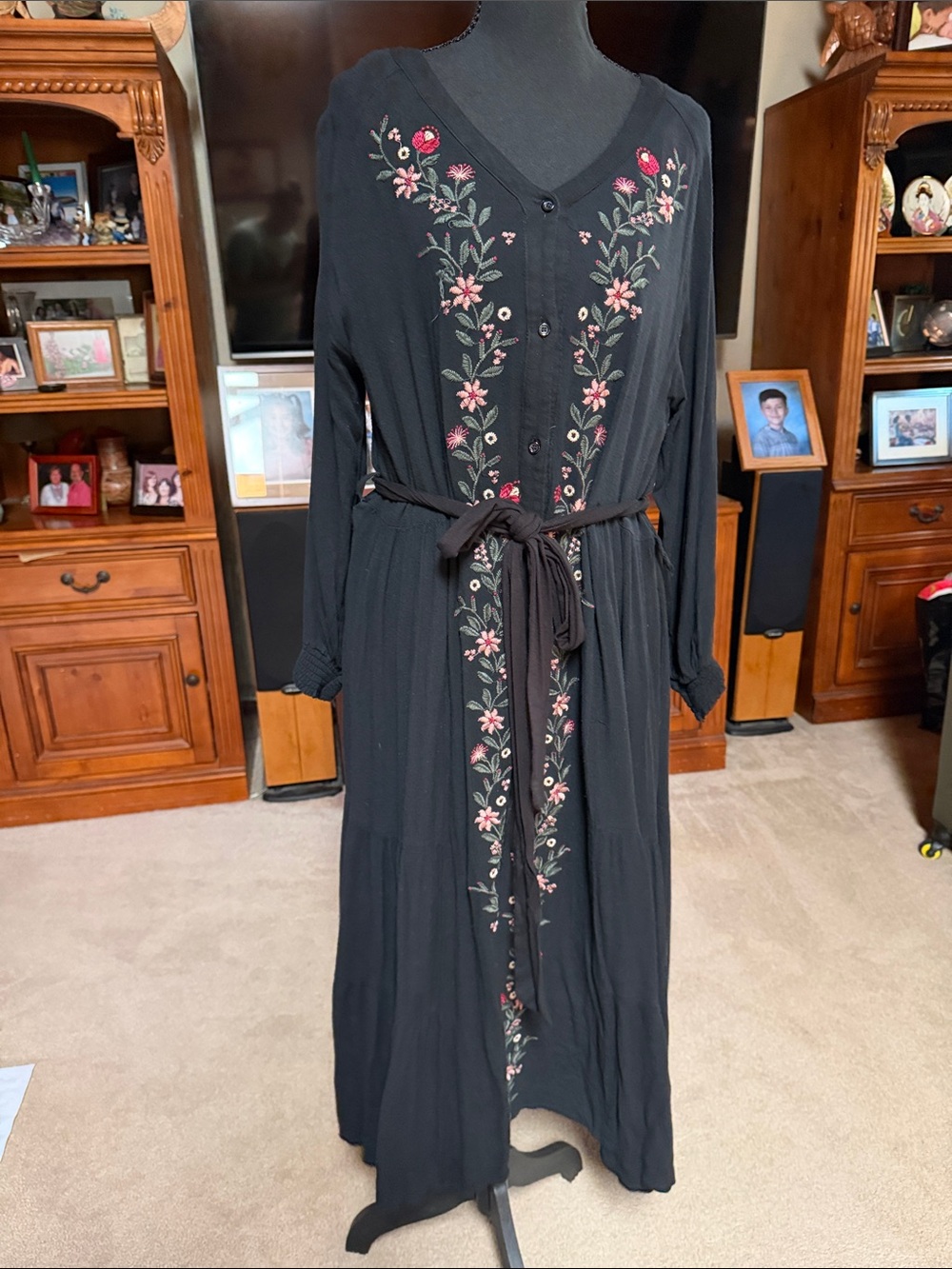 Baltic born  Floral Embroidered Long Dress with Tie Waist boho flowy summer